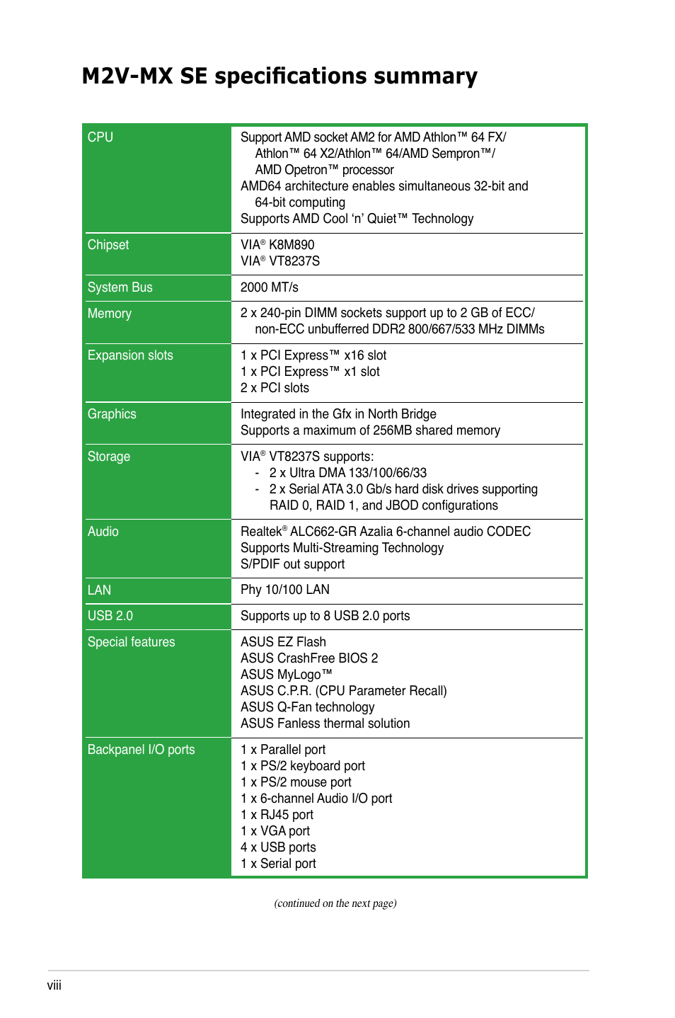 M2v-mx se specifications summary | Asus M2V-MX SE User Manual | Page 8 / 90