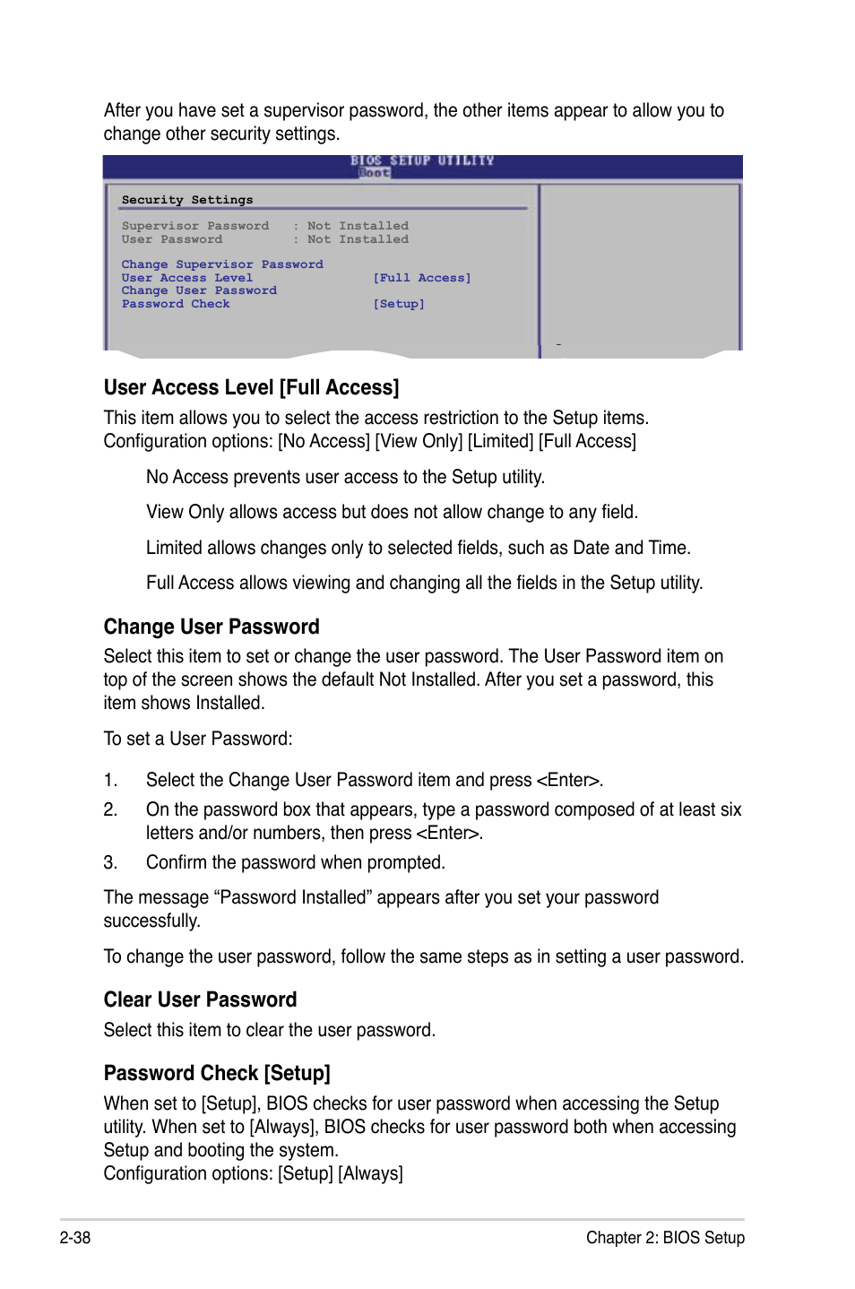 User access level [full access, Password check [setup | Asus M2V-MX SE User Manual | Page 80 / 90