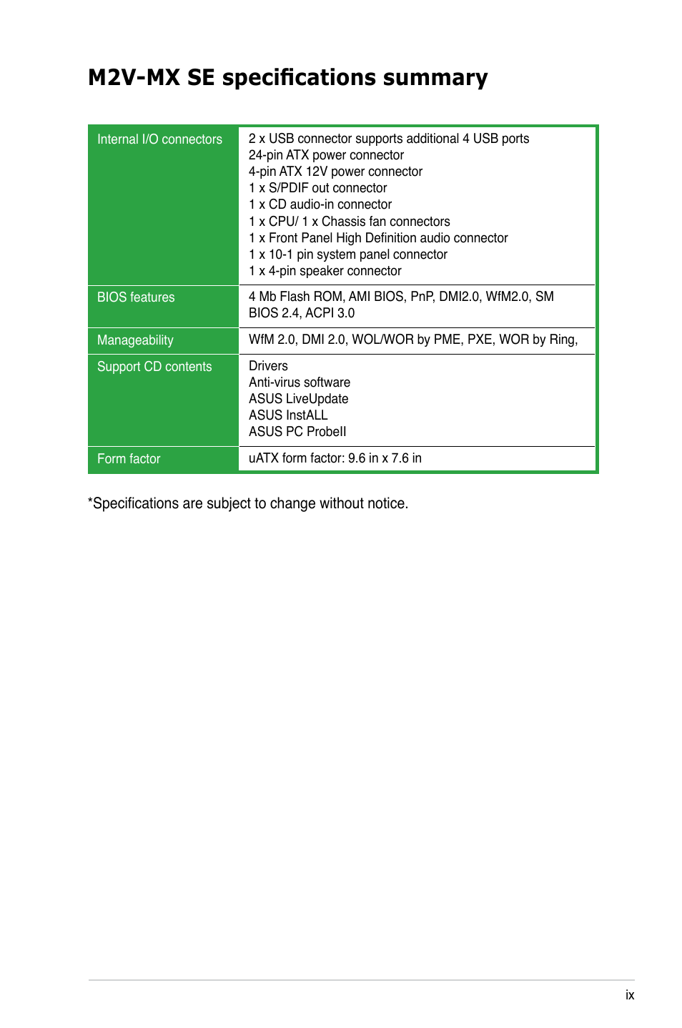 M2v-mx se specifications summary | Asus M2V-MX SE User Manual | Page 9 / 90