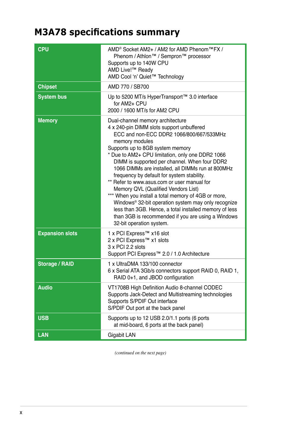 M3a78 specifications summary | Asus M3A78 User Manual | Page 10 / 104