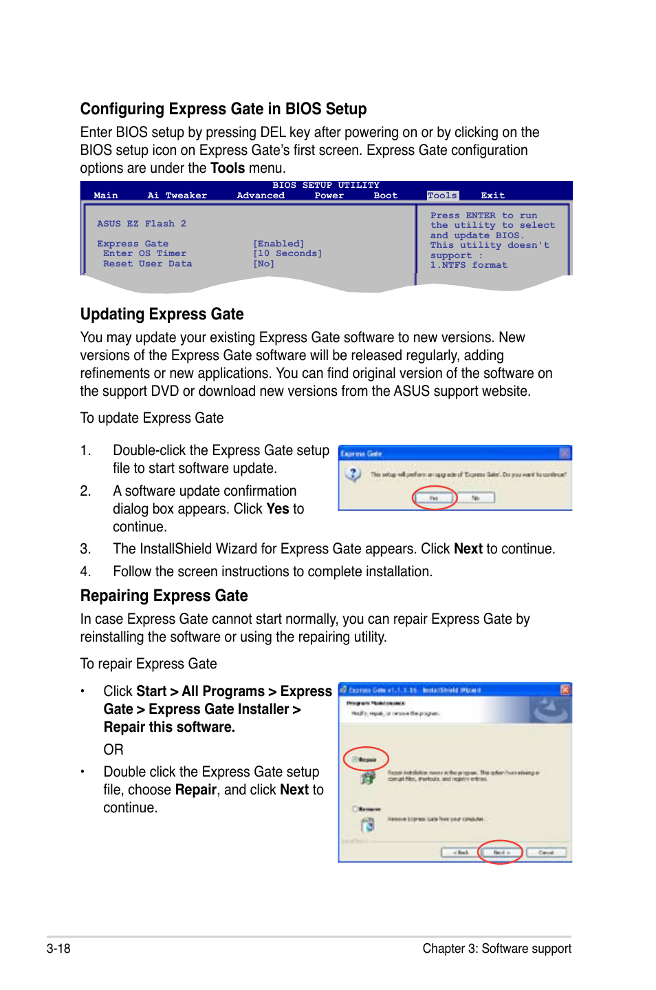 Configuring express gate in bios setup, Updating express gate, Repairing express gate | Asus M3A78 User Manual | Page 104 / 104