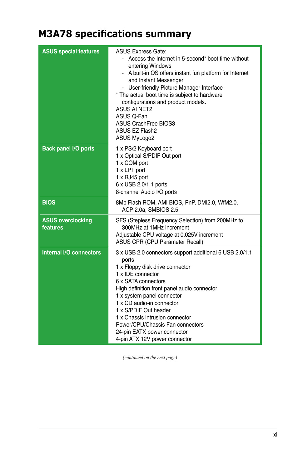 M3a78 specifications summary | Asus M3A78 User Manual | Page 11 / 104