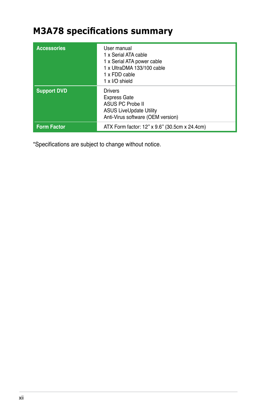 M3a78 specifications summary | Asus M3A78 User Manual | Page 12 / 104