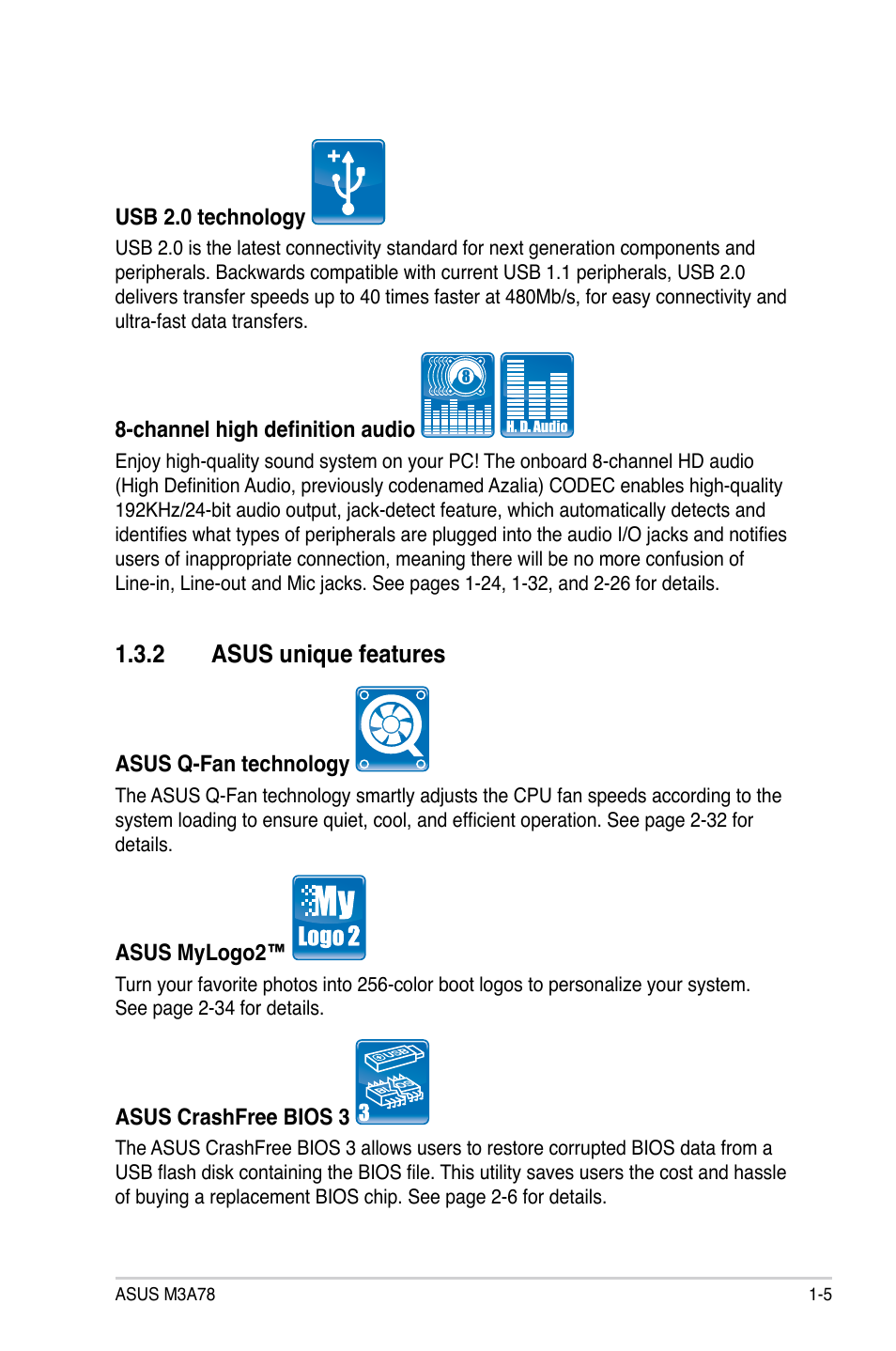 2 asus unique features, Asus unique features -5 | Asus M3A78 User Manual | Page 17 / 104