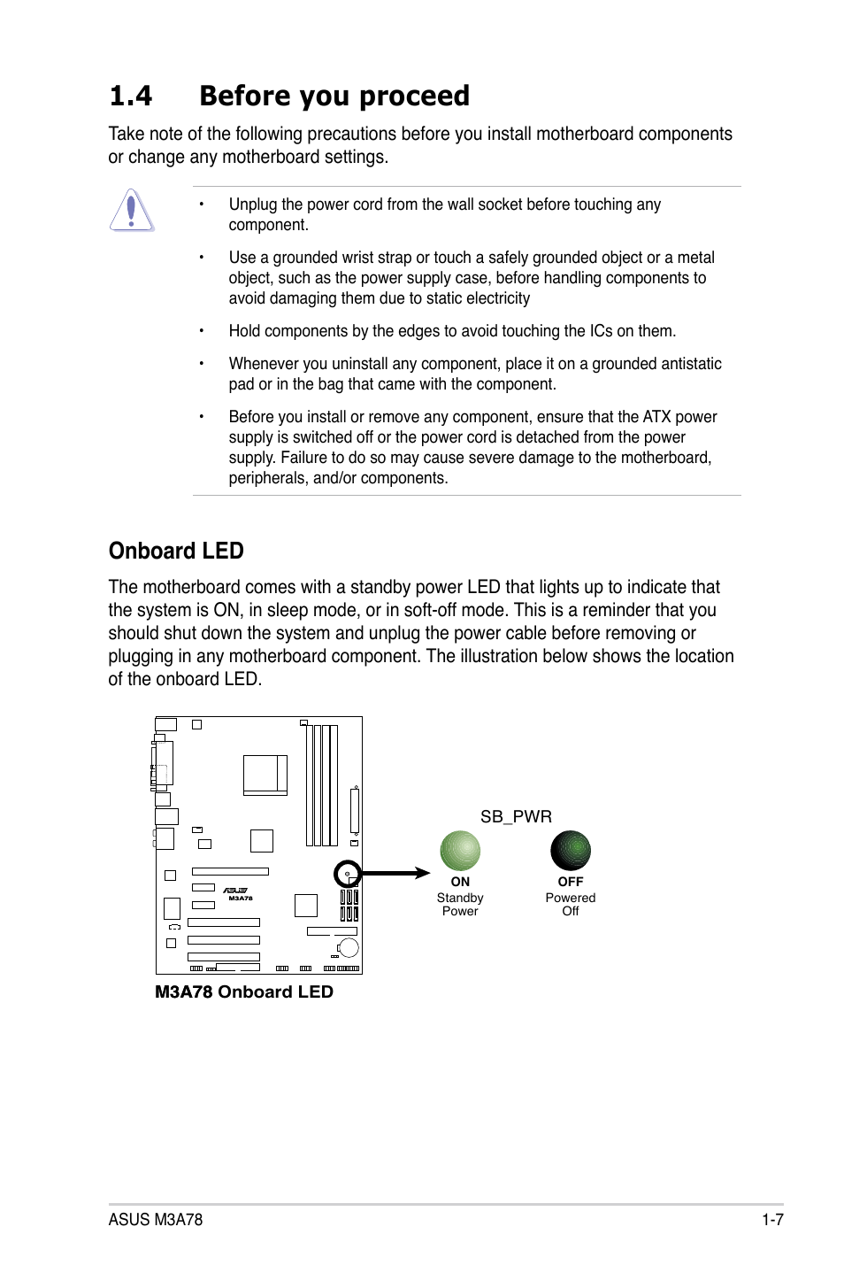 4 before you proceed, Before you proceed -7, Onboard led | Asus M3A78 User Manual | Page 19 / 104