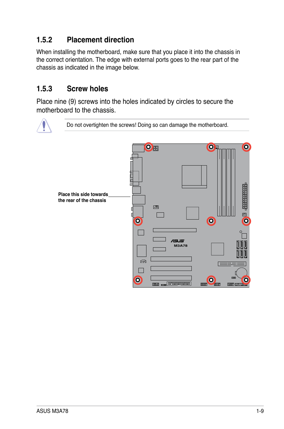 2 placement direction, 3 screw holes, Placement direction -9 | Screw holes -9 | Asus M3A78 User Manual | Page 21 / 104