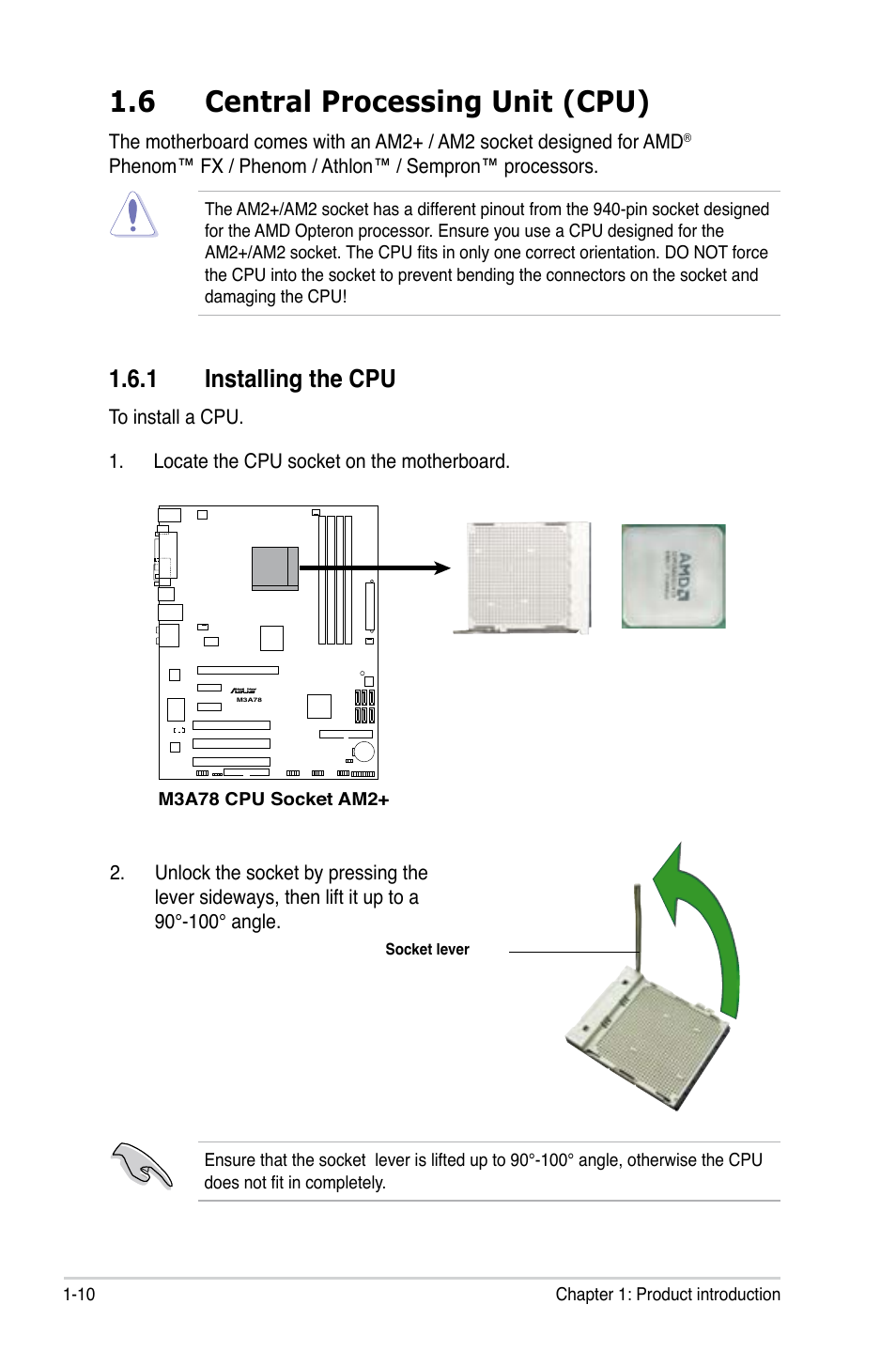 6 central processing unit (cpu), 1 installing the cpu, Central processing unit (cpu) -10 1.6.1 | Installing the cpu -10 | Asus M3A78 User Manual | Page 22 / 104