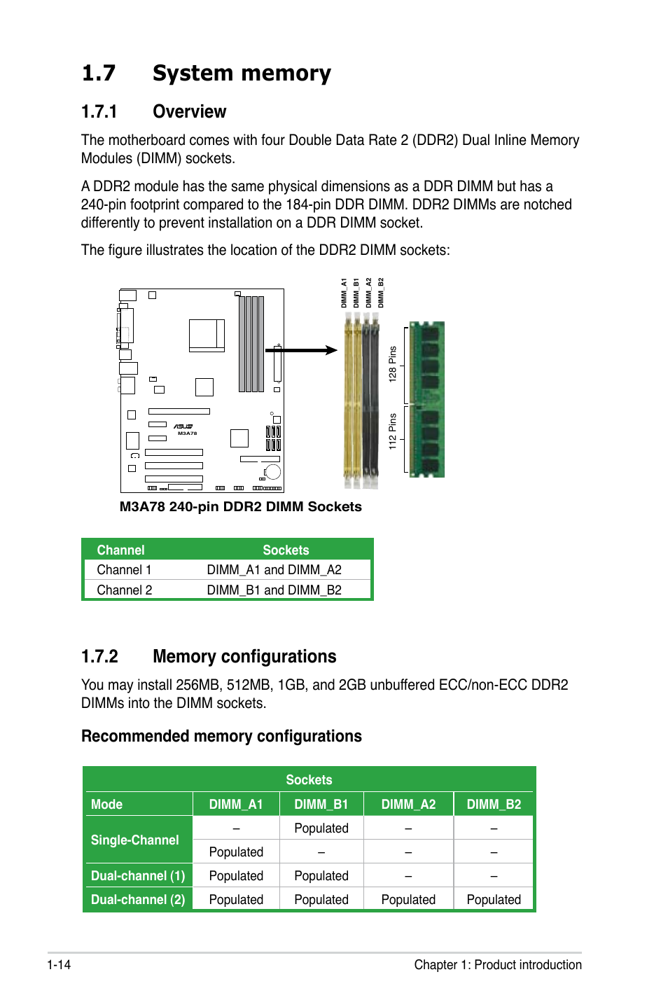 7 system memory, 1 overview, 2 memory configurations | System memory -14 1.7.1, Overview -14, Memory configurations -14 | Asus M3A78 User Manual | Page 26 / 104