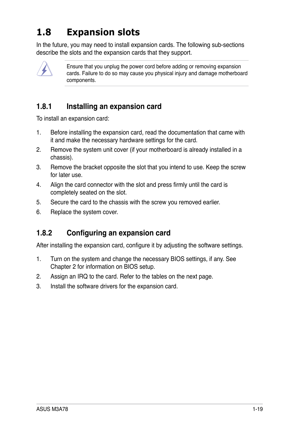 8 expansion slots, 1 installing an expansion card, 2 configuring an expansion card | Expansion slots -19 1.8.1, Installing an expansion card -19, Configuring an expansion card -19 | Asus M3A78 User Manual | Page 31 / 104