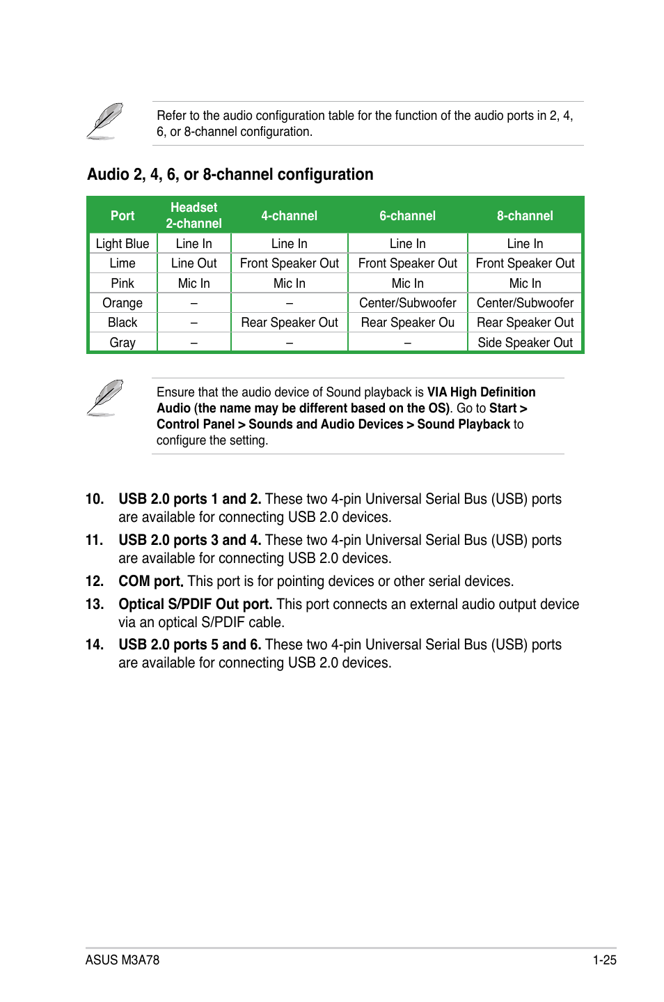 Audio 2, 4, 6, or 8-channel configuration | Asus M3A78 User Manual | Page 37 / 104