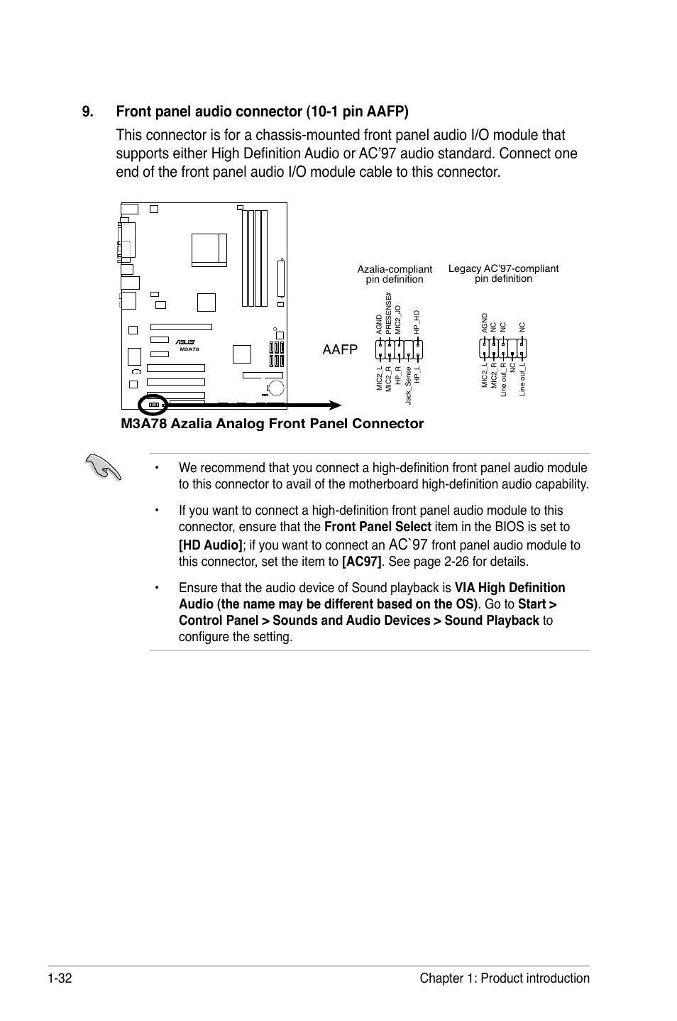 Ac`97, 32 chapter 1: product introduction, M3a78 azalia analog front panel connector | Aafp | Asus M3A78 User Manual | Page 44 / 104