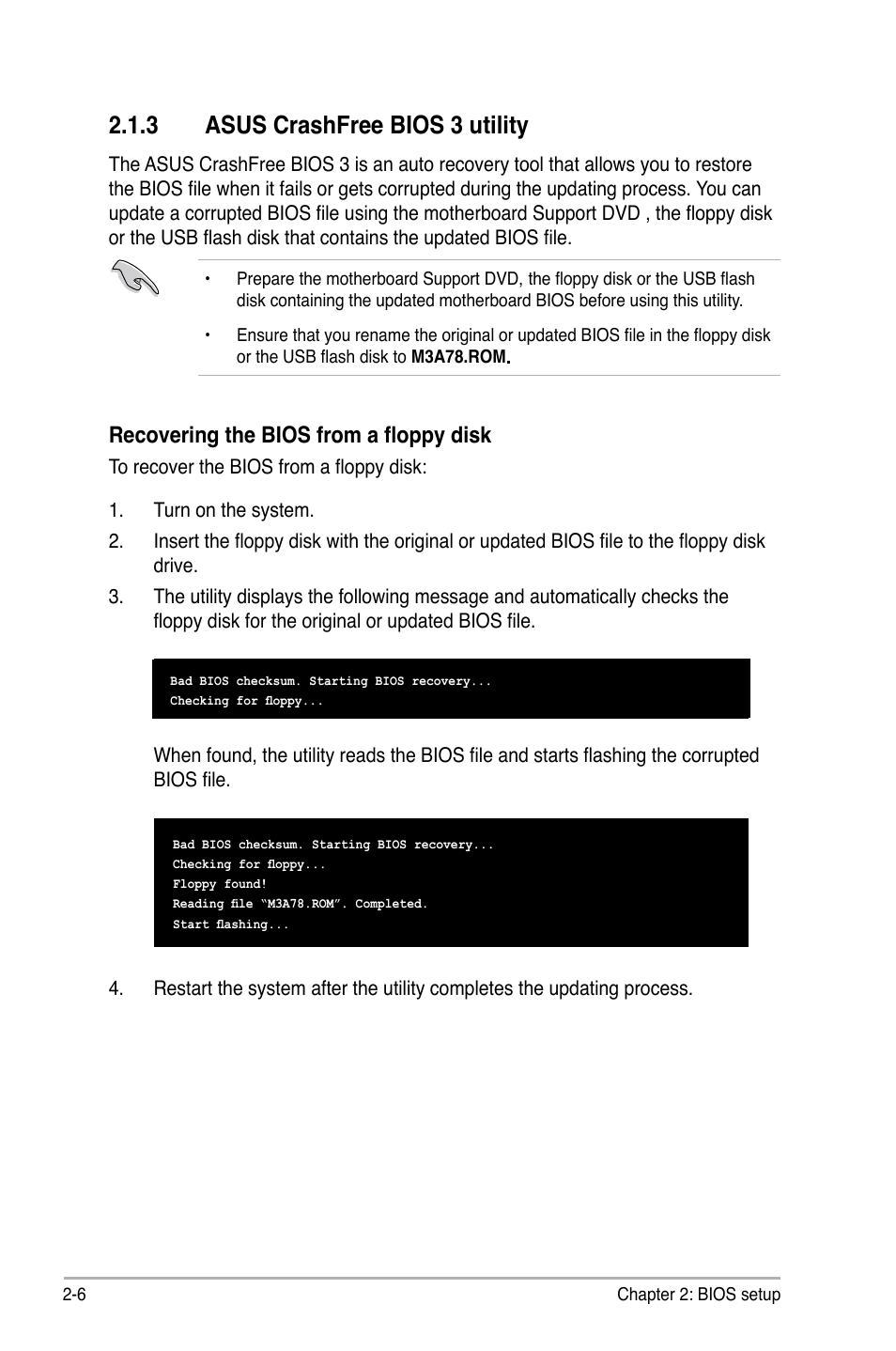 3 asus crashfree bios 3 utility, Asus crashfree bios 3 utility -6, Recovering the bios from a floppy disk | Asus M3A78 User Manual | Page 52 / 104