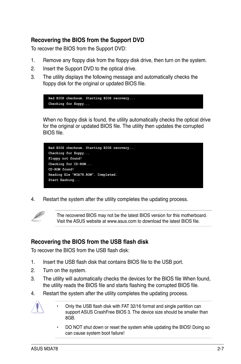 Recovering the bios from the support dvd, Recovering the bios from the usb flash disk | Asus M3A78 User Manual | Page 53 / 104