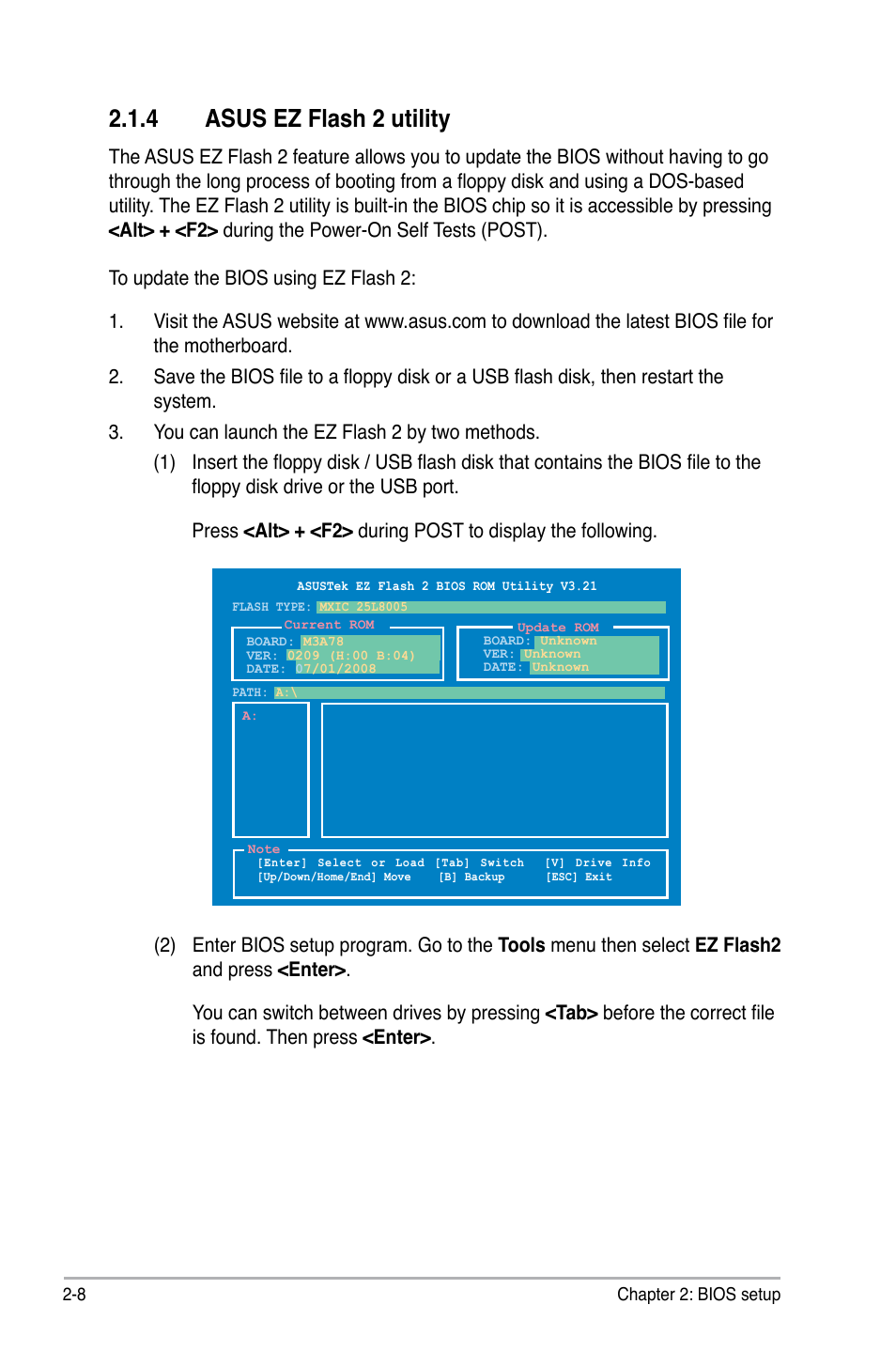 4 asus ez flash 2 utility, Asus ez flash 2 utility -8 | Asus M3A78 User Manual | Page 54 / 104