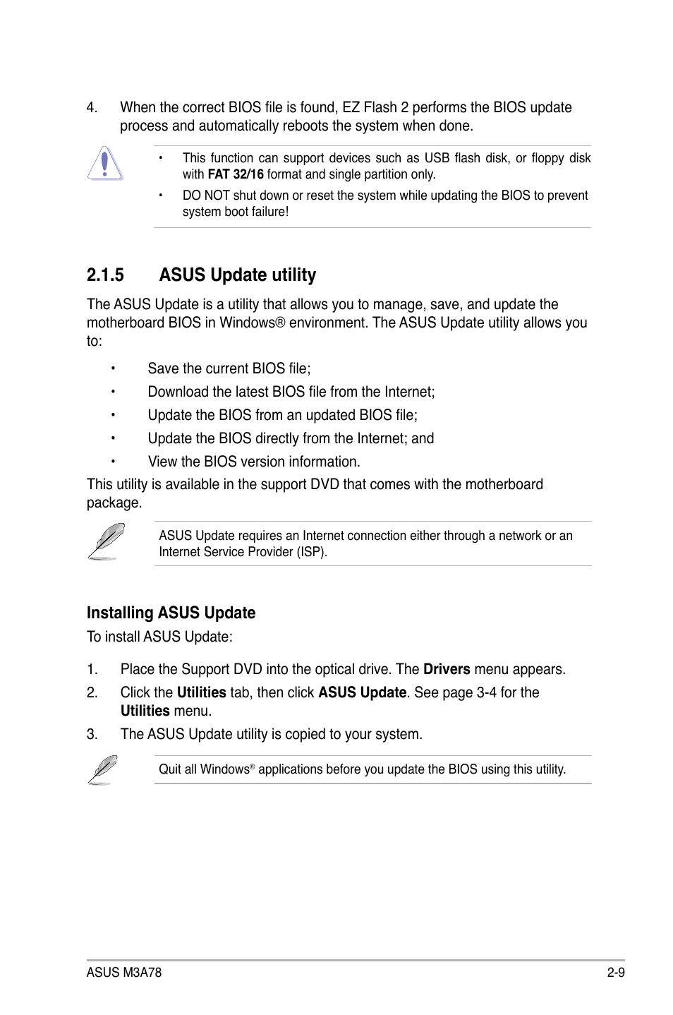 5 asus update utility, Asus update utility -9, Installing asus update | Asus M3A78 User Manual | Page 55 / 104
