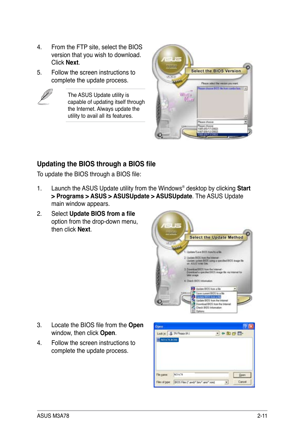 Updating the bios through a bios file | Asus M3A78 User Manual | Page 57 / 104