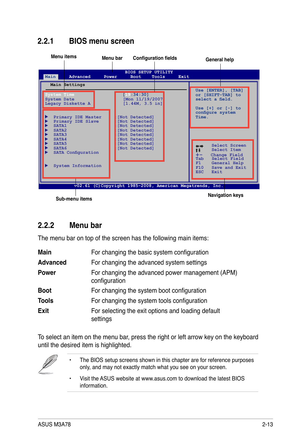 1 bios menu screen, 2 menu bar, Bios menu screen -13 | Menu bar -13, 1 bios menu screen 2.2.2 menu bar | Asus M3A78 User Manual | Page 59 / 104