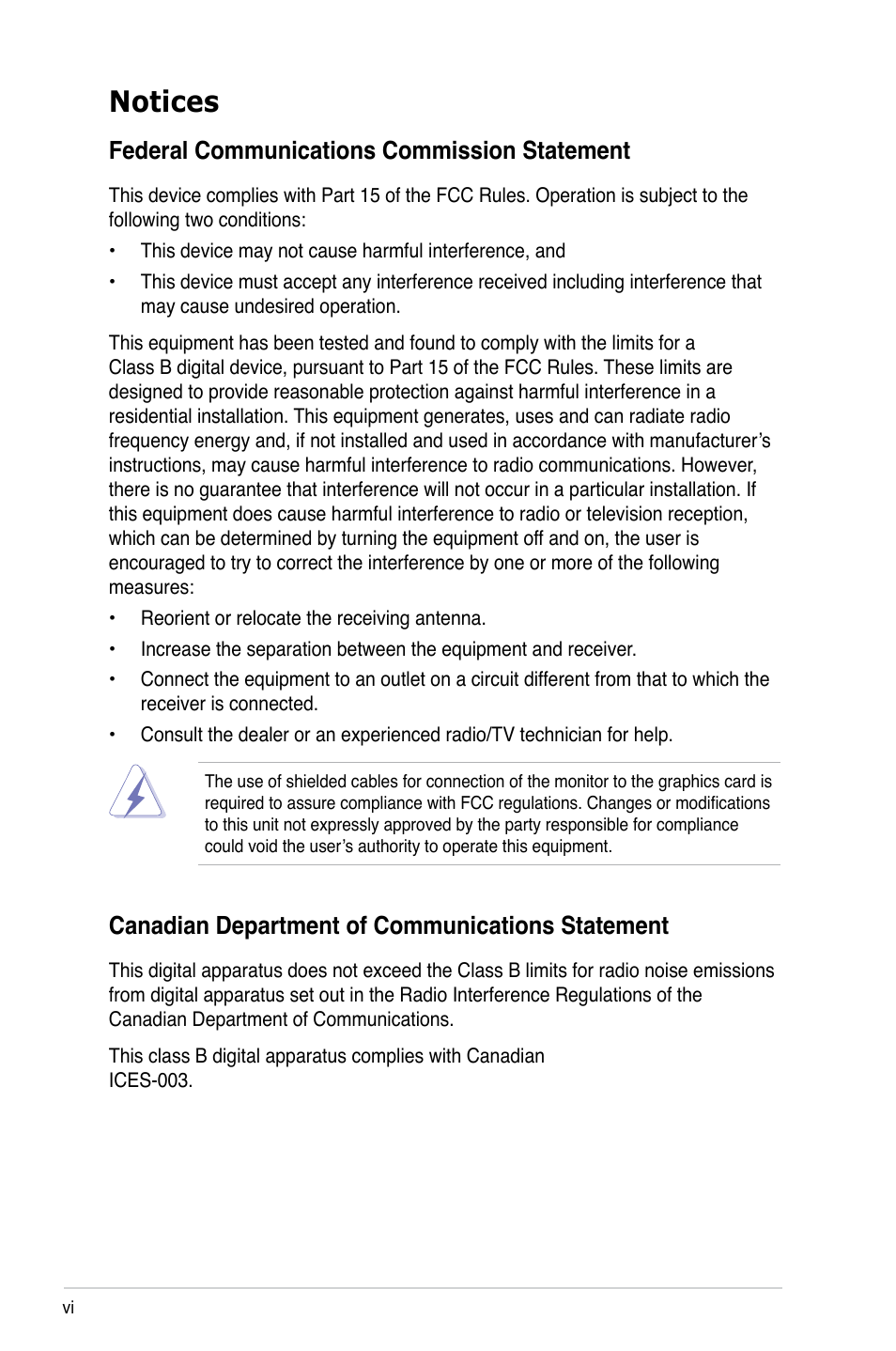 Notices, Federal communications commission statement, Canadian department of communications statement | Asus M3A78 User Manual | Page 6 / 104