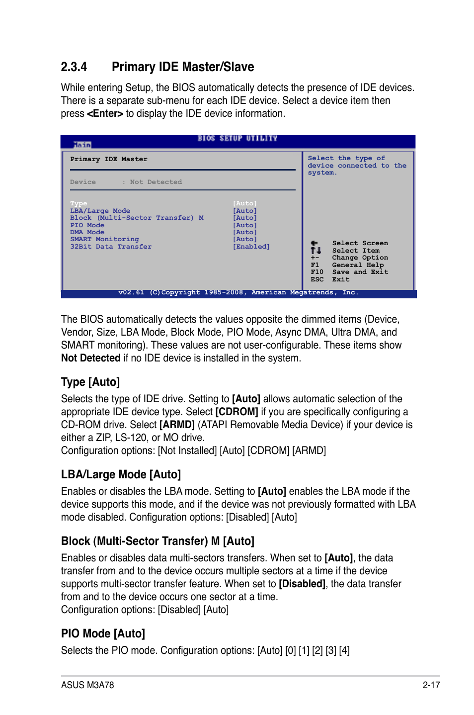 4 primary ide master/slave, Primary ide master/slave -17, Type [auto | Lba/large mode [auto, Block (multi-sector transfer) m [auto, Pio mode [auto | Asus M3A78 User Manual | Page 63 / 104