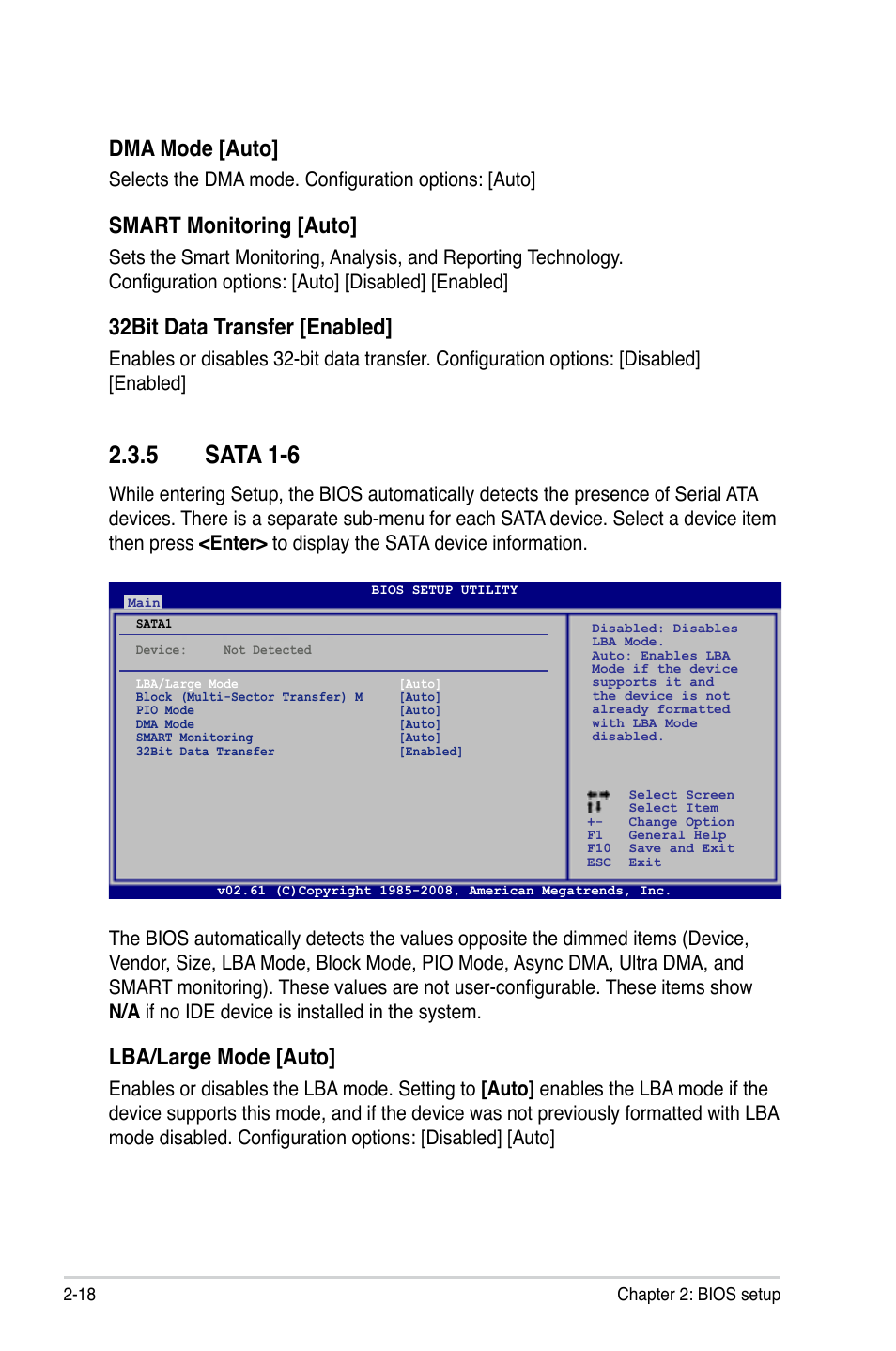 5 sata 1-6, Sata 1-6 -18, Dma mode [auto | Smart monitoring [auto, 32bit data transfer [enabled, Lba/large mode [auto, Selects the dma mode. configuration options: [auto | Asus M3A78 User Manual | Page 64 / 104