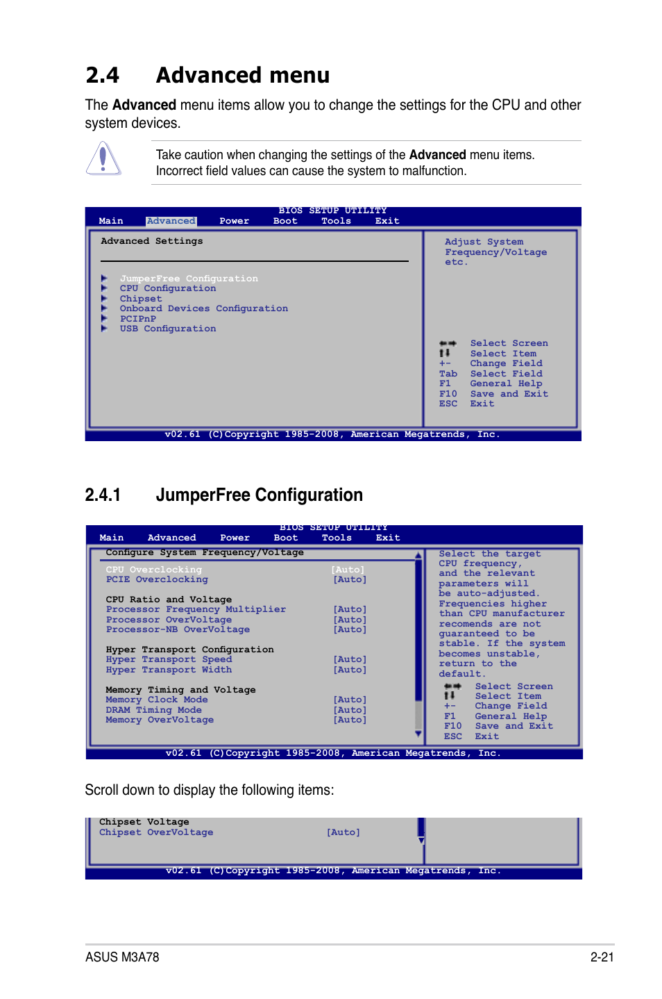 4 advanced menu, 1 jumperfree configuration, Advanced menu -21 2.4.1 | Jumperfree configuration -21, Scroll down to display the following items | Asus M3A78 User Manual | Page 67 / 104