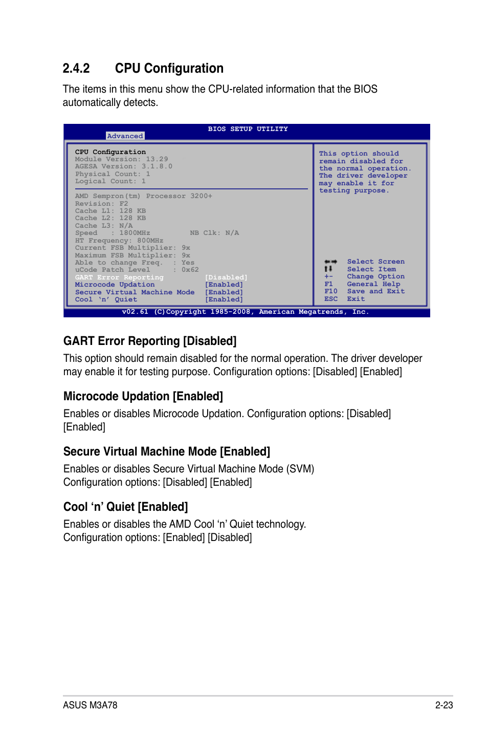 2 cpu configuration, Cpu configuration -23, Gart error reporting [disabled | Microcode updation [enabled, Secure virtual machine mode [enabled, Cool ‘n’ quiet [enabled | Asus M3A78 User Manual | Page 69 / 104