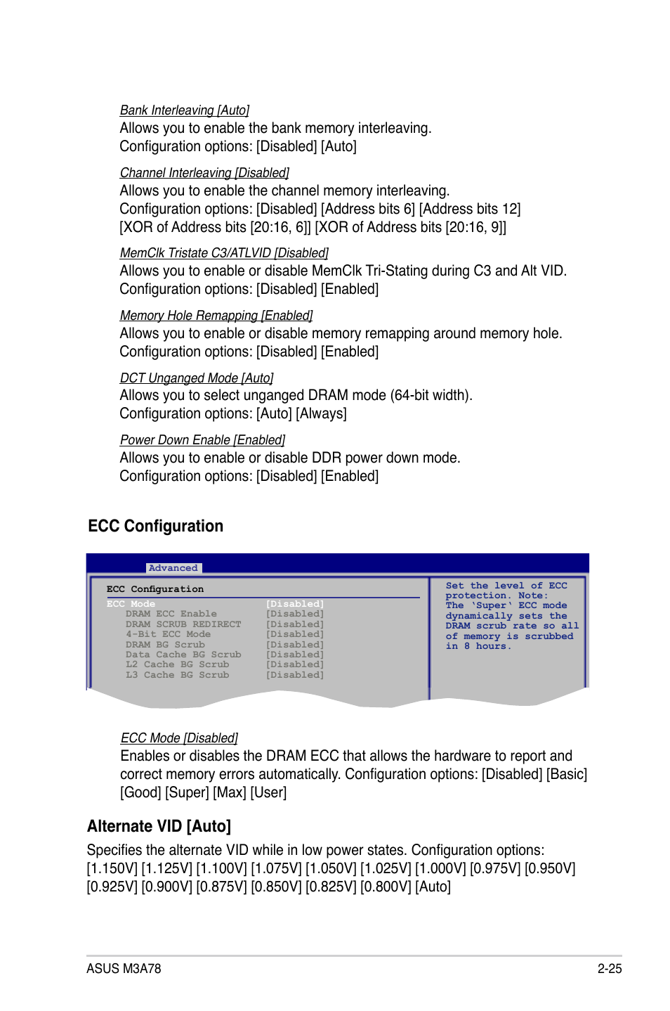 Ecc configuration, Alternate vid [auto | Asus M3A78 User Manual | Page 71 / 104
