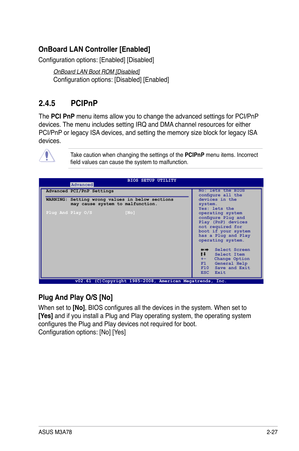 5 pcipnp, Pcipnp -27, Onboard lan controller [enabled | Plug and play o/s [no, Configuration options: [enabled] [disabled, Configuration options: [disabled] [enabled | Asus M3A78 User Manual | Page 73 / 104