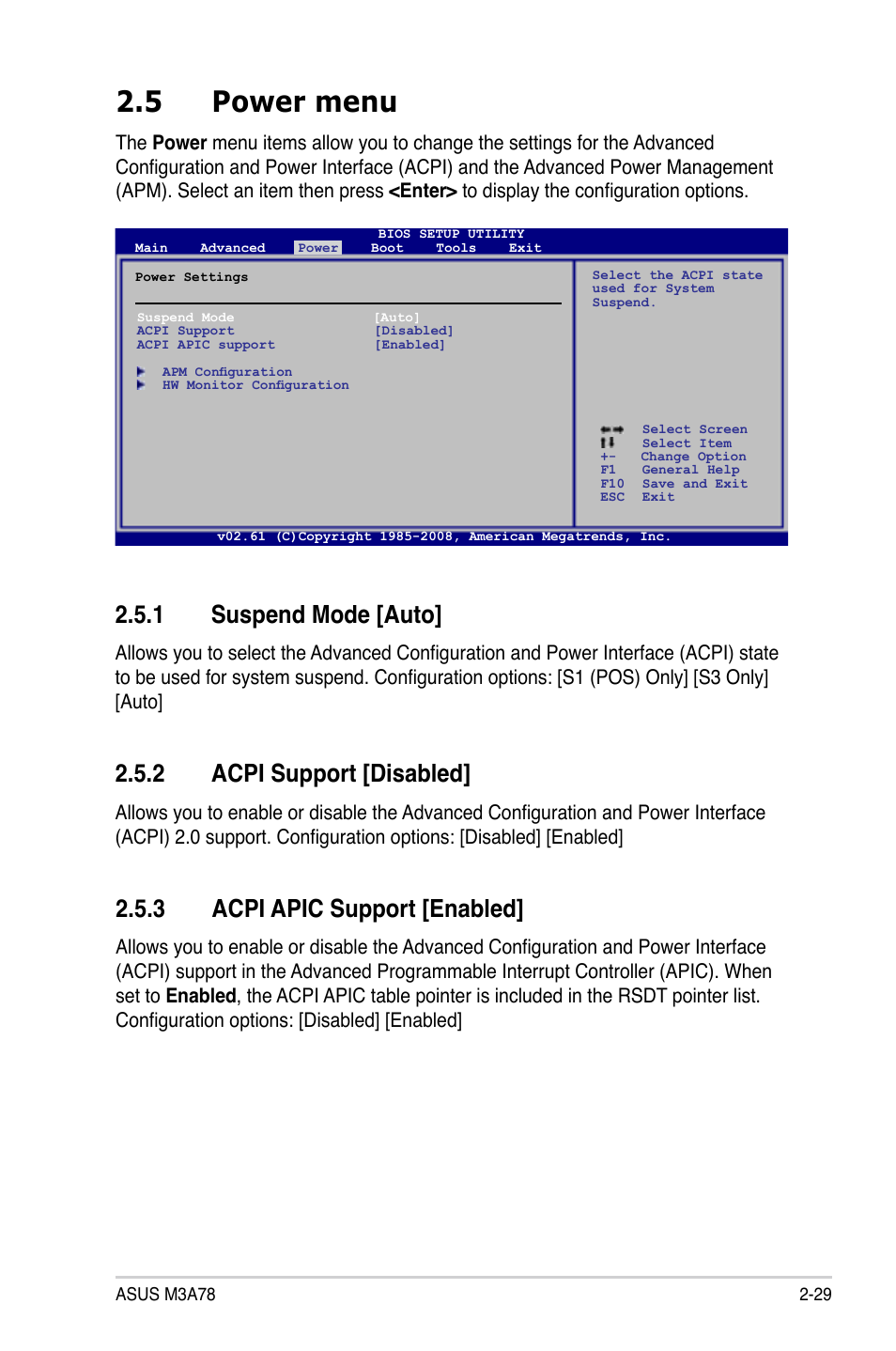 5 power menu, 1 suspend mode, 2 acpi support | 3 acpi apic support, Power menu -29 2.5.1, Suspend mode -29, Acpi support -29, Acpi apic support -29, 1 suspend mode [auto, 2 acpi support [disabled | Asus M3A78 User Manual | Page 75 / 104