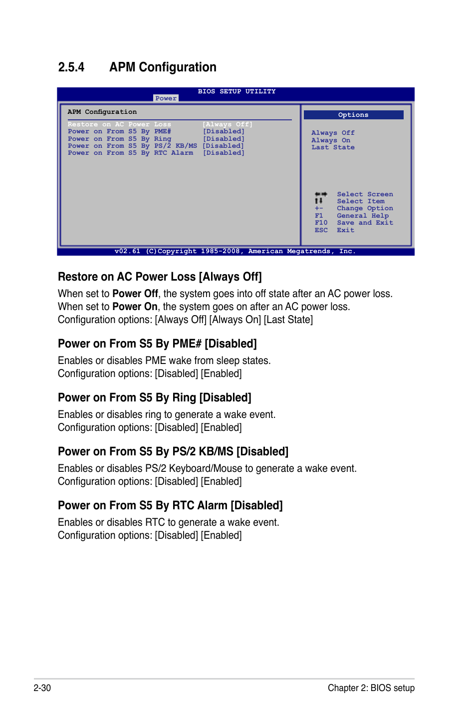 4 apm configuration, Apm configuration -30, Restore on ac power loss [always off | Power on from s5 by pme# [disabled, Power on from s5 by ring [disabled, Power on from s5 by ps/2 kb/ms [disabled, Power on from s5 by rtc alarm [disabled | Asus M3A78 User Manual | Page 76 / 104