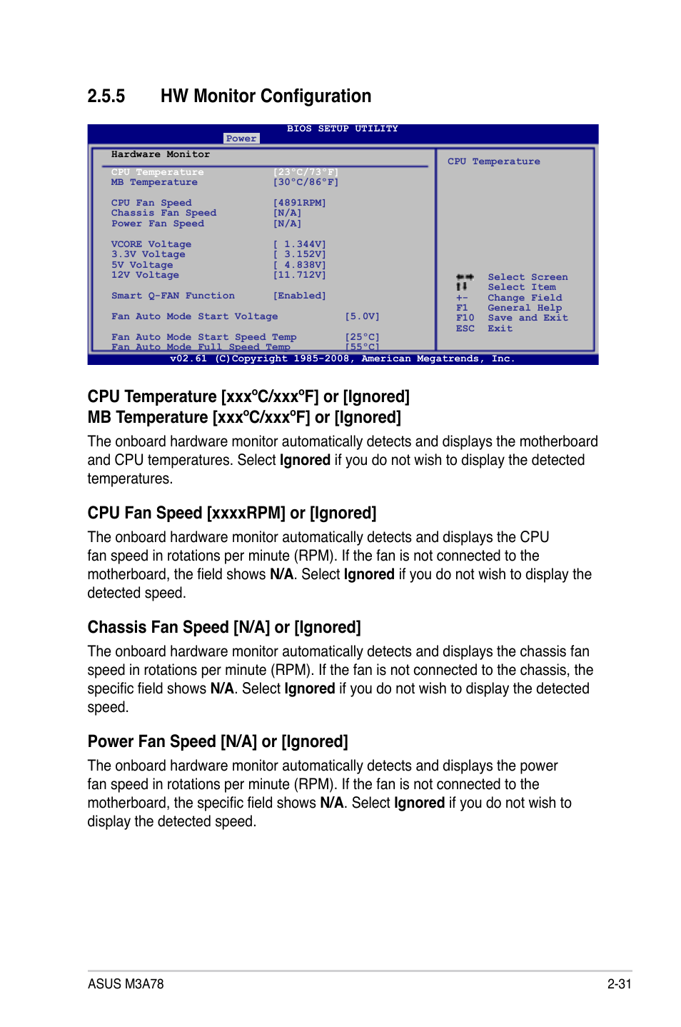 5 hw monitor configuration, Hw monitor configuration -31, Chassis fan speed [n/a] or [ignored | Power fan speed [n/a] or [ignored | Asus M3A78 User Manual | Page 77 / 104