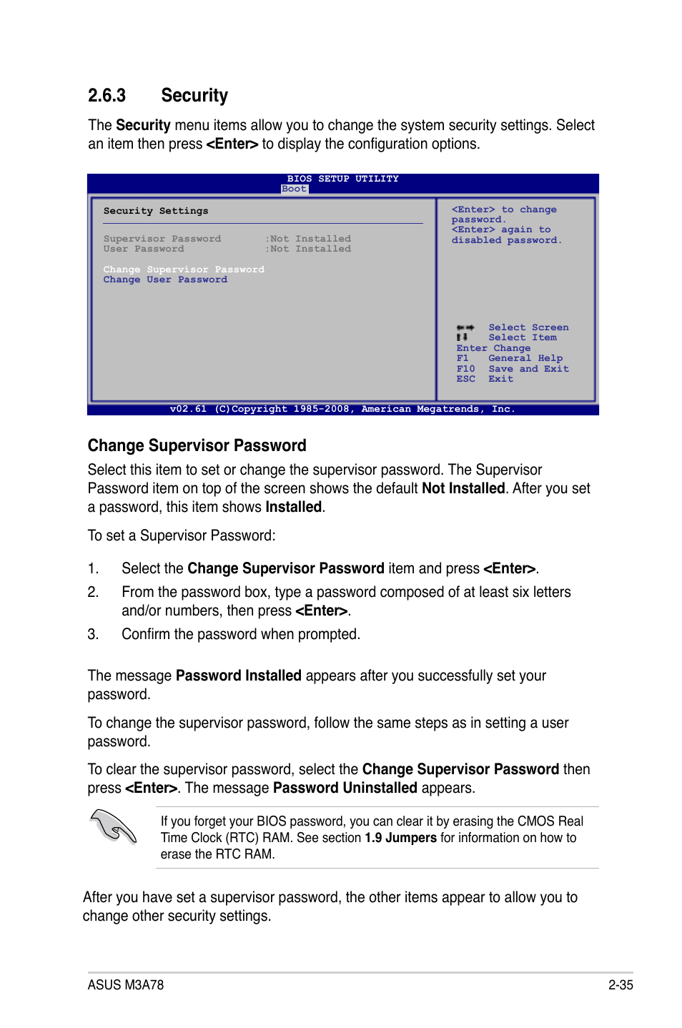 3 security, Security -35, Change supervisor password | Asus M3A78 User Manual | Page 81 / 104