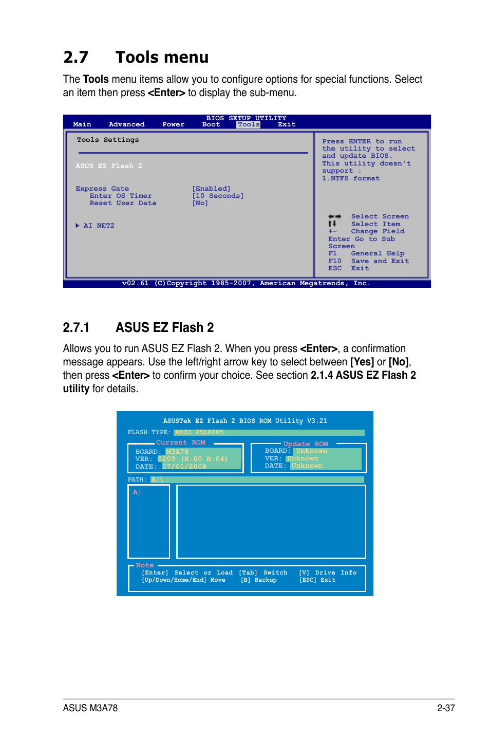 7 tools menu, 1 asus ez flash 2, Tools menu -37 2.7.1 | Asus ez flash 2 -37 | Asus M3A78 User Manual | Page 83 / 104