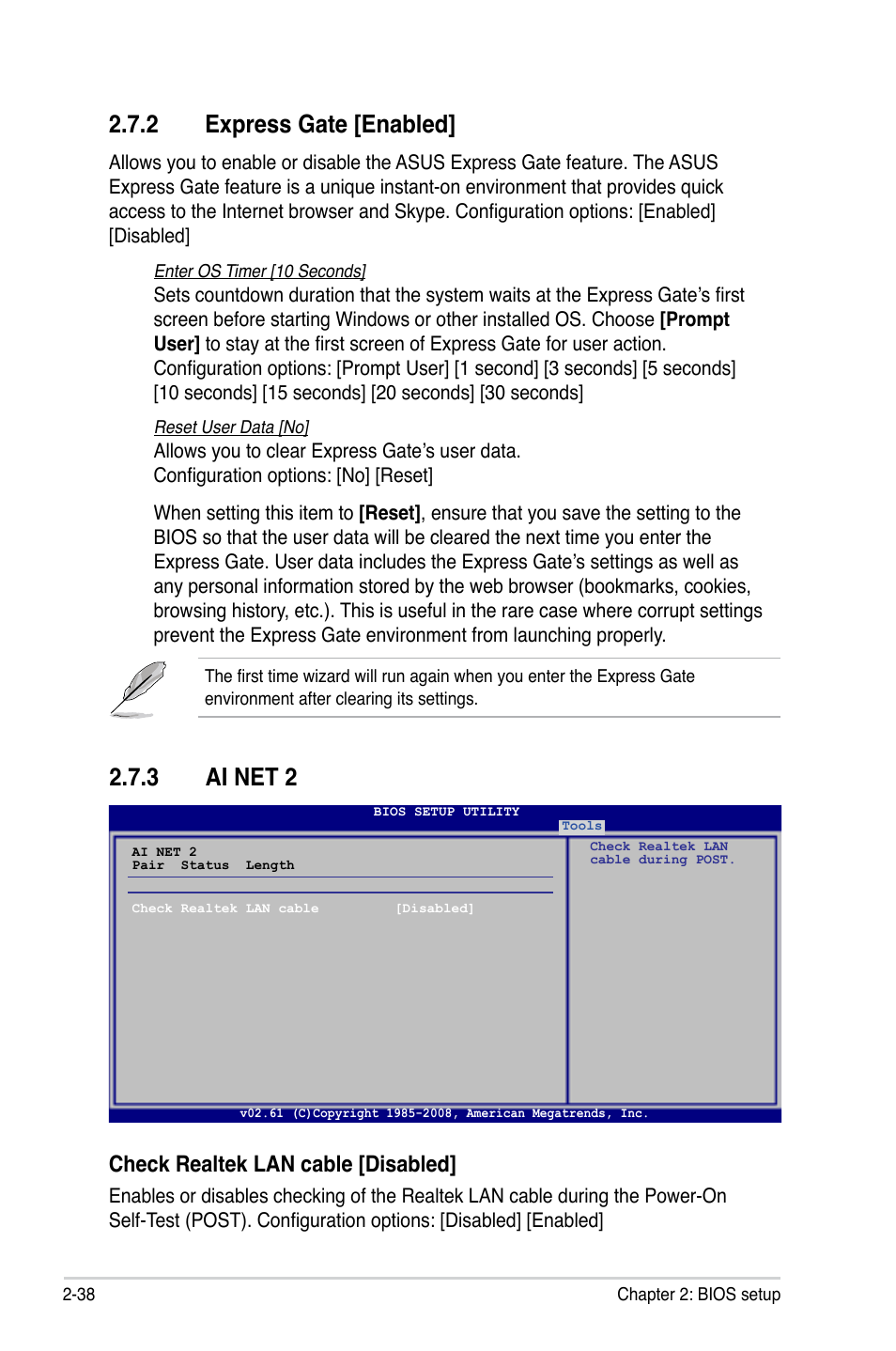 2 express gate, 3 ai net 2, Express gate -38 | Ai net 2 -38, 2 express gate [enabled, Check realtek lan cable [disabled | Asus M3A78 User Manual | Page 84 / 104