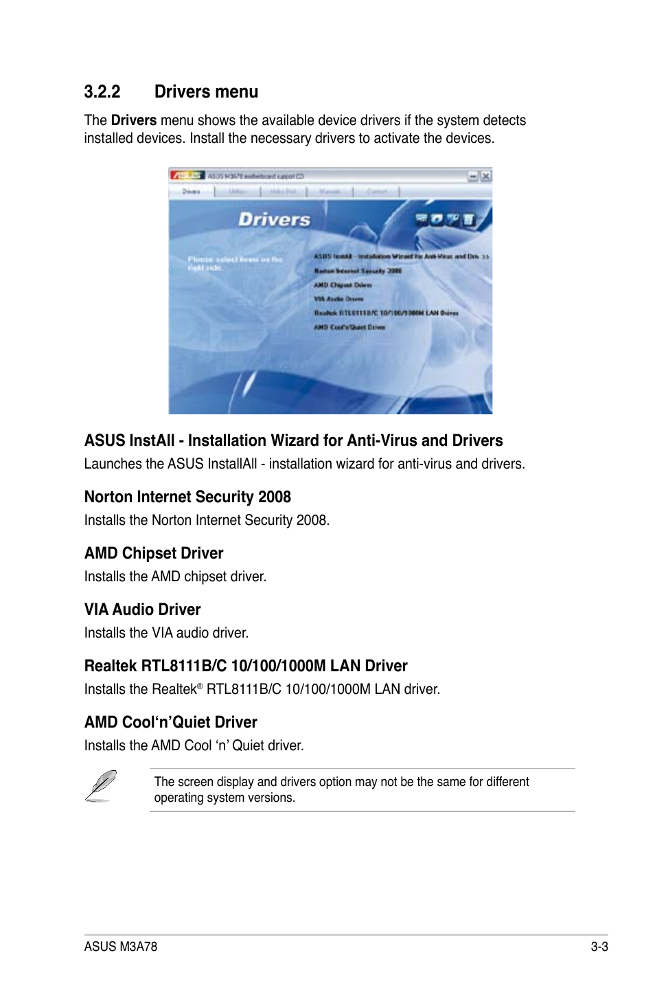 2 drivers menu, Drivers menu -3 | Asus M3A78 User Manual | Page 89 / 104