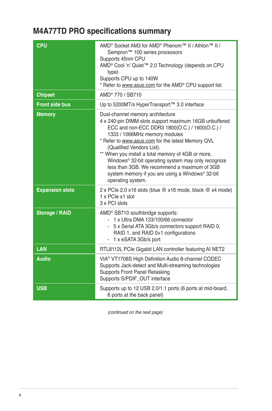 M4a77td pro specifications summary | Asus M4A77TD PRO/U3S6 User Manual | Page 10 / 62