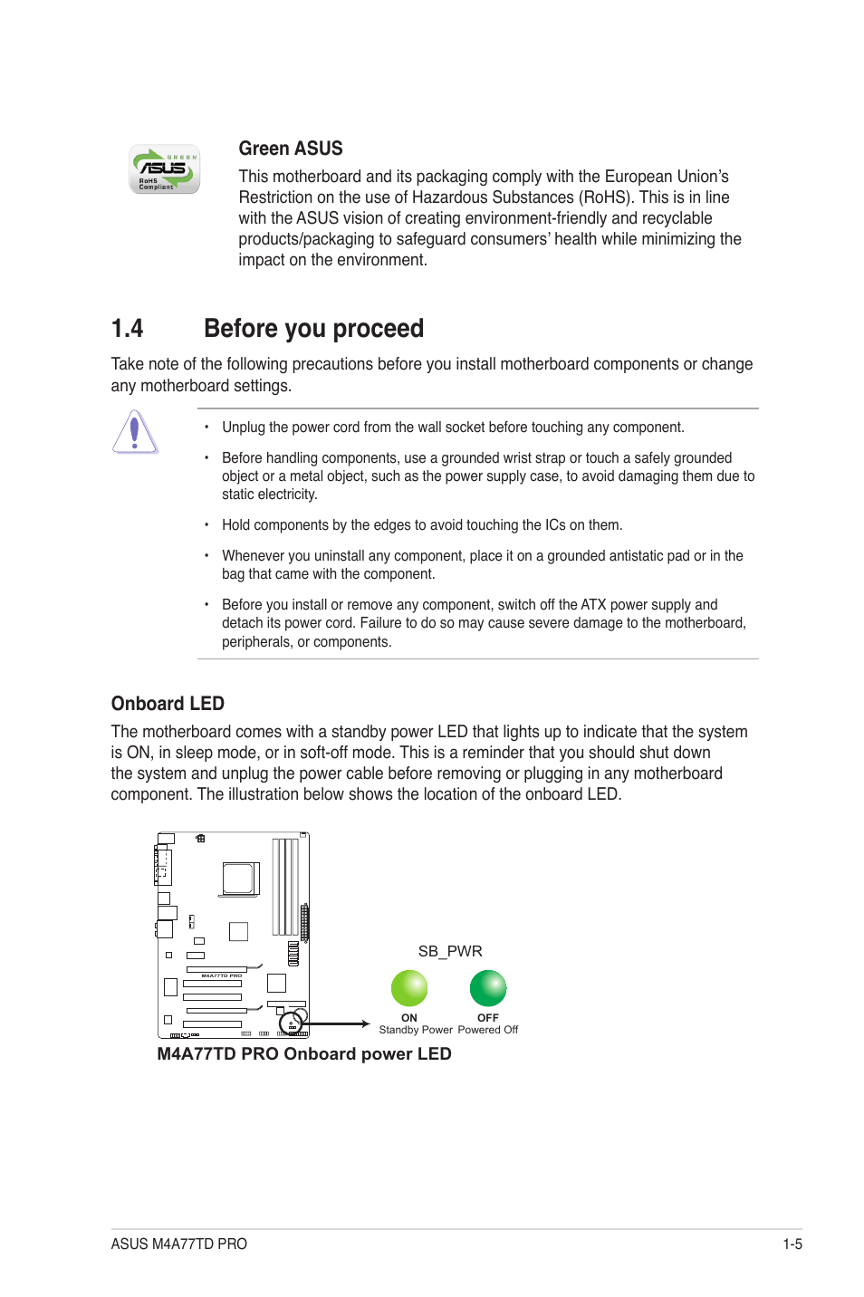 4 before you proceed, Before you proceed -5, Onboard led | Green asus | Asus M4A77TD PRO/U3S6 User Manual | Page 17 / 62