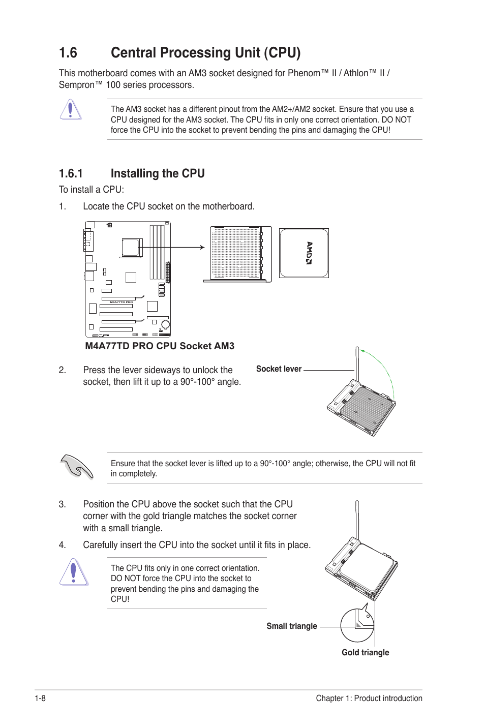 6 central processing unit (cpu), 1 installing the cpu, Central processing unit (cpu) -8 1.6.1 | Installing the cpu -8 | Asus M4A77TD PRO/U3S6 User Manual | Page 20 / 62