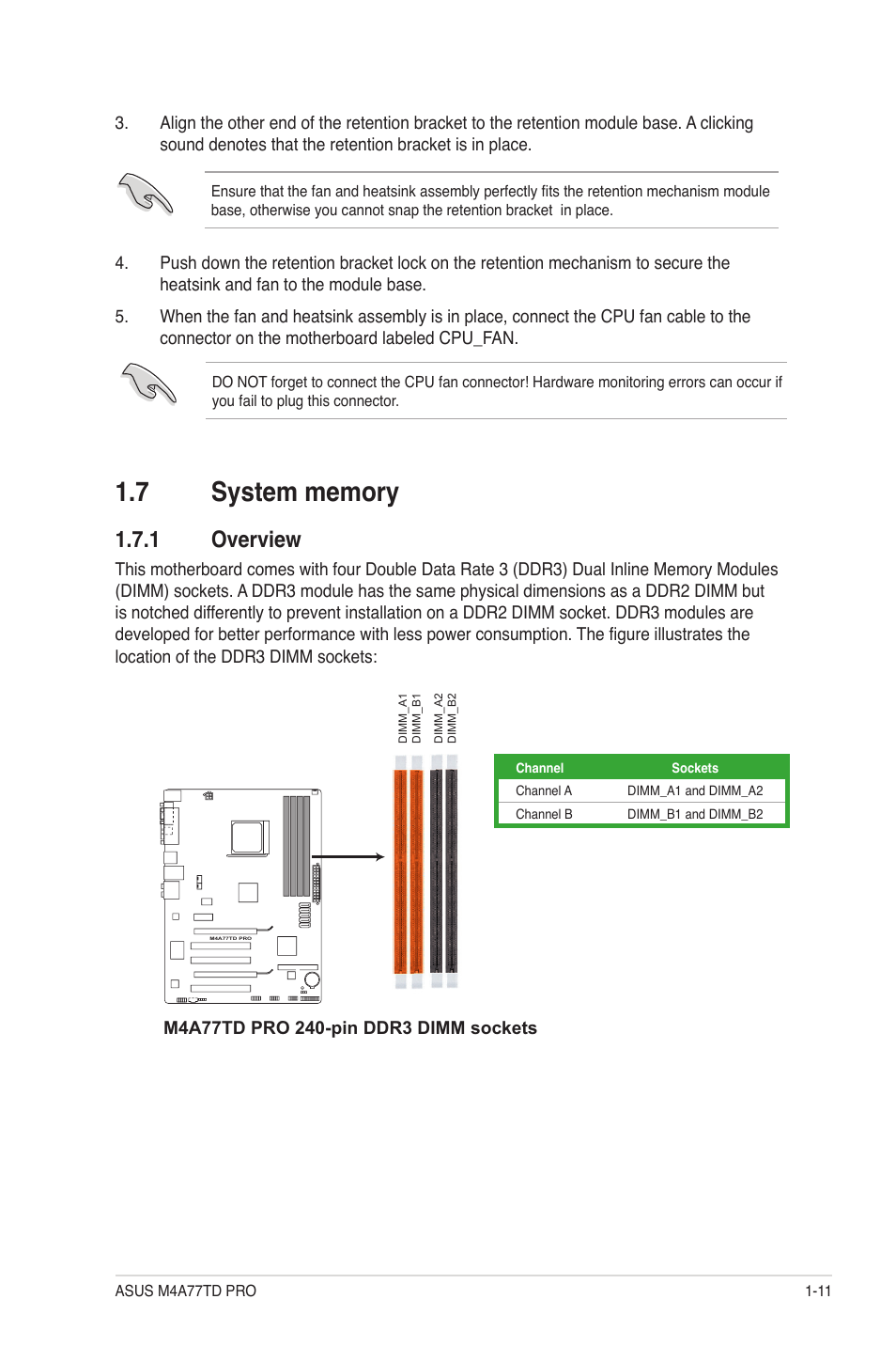 7 system memory, 1 overview, System memory -11 1.7.1 | Overview -11 | Asus M4A77TD PRO/U3S6 User Manual | Page 23 / 62