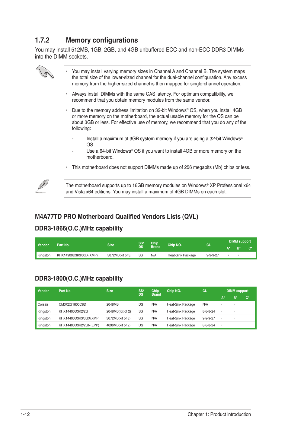 2 memory configurations, Memory configurations -12 | Asus M4A77TD PRO/U3S6 User Manual | Page 24 / 62