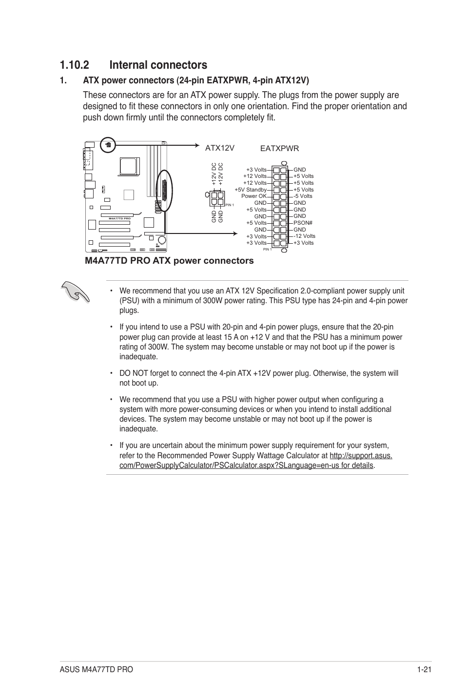 2 internal connectors, 2 internal connectors -21, M4a77td pro atx power connectors | Asus M4A77TD PRO/U3S6 User Manual | Page 33 / 62