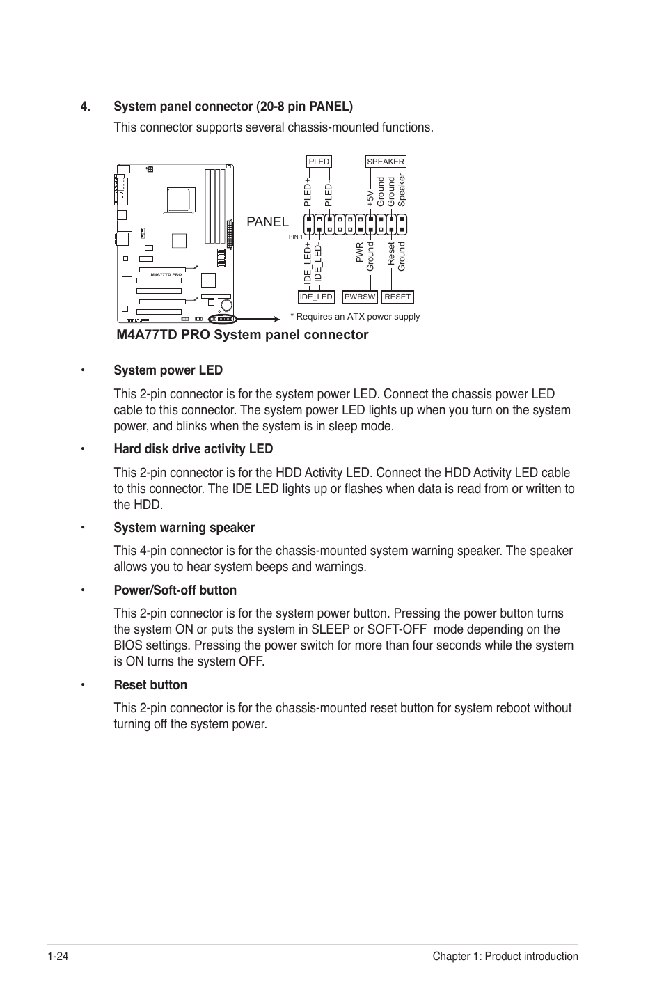 M4a77td pro system panel connector, Panel | Asus M4A77TD PRO/U3S6 User Manual | Page 36 / 62