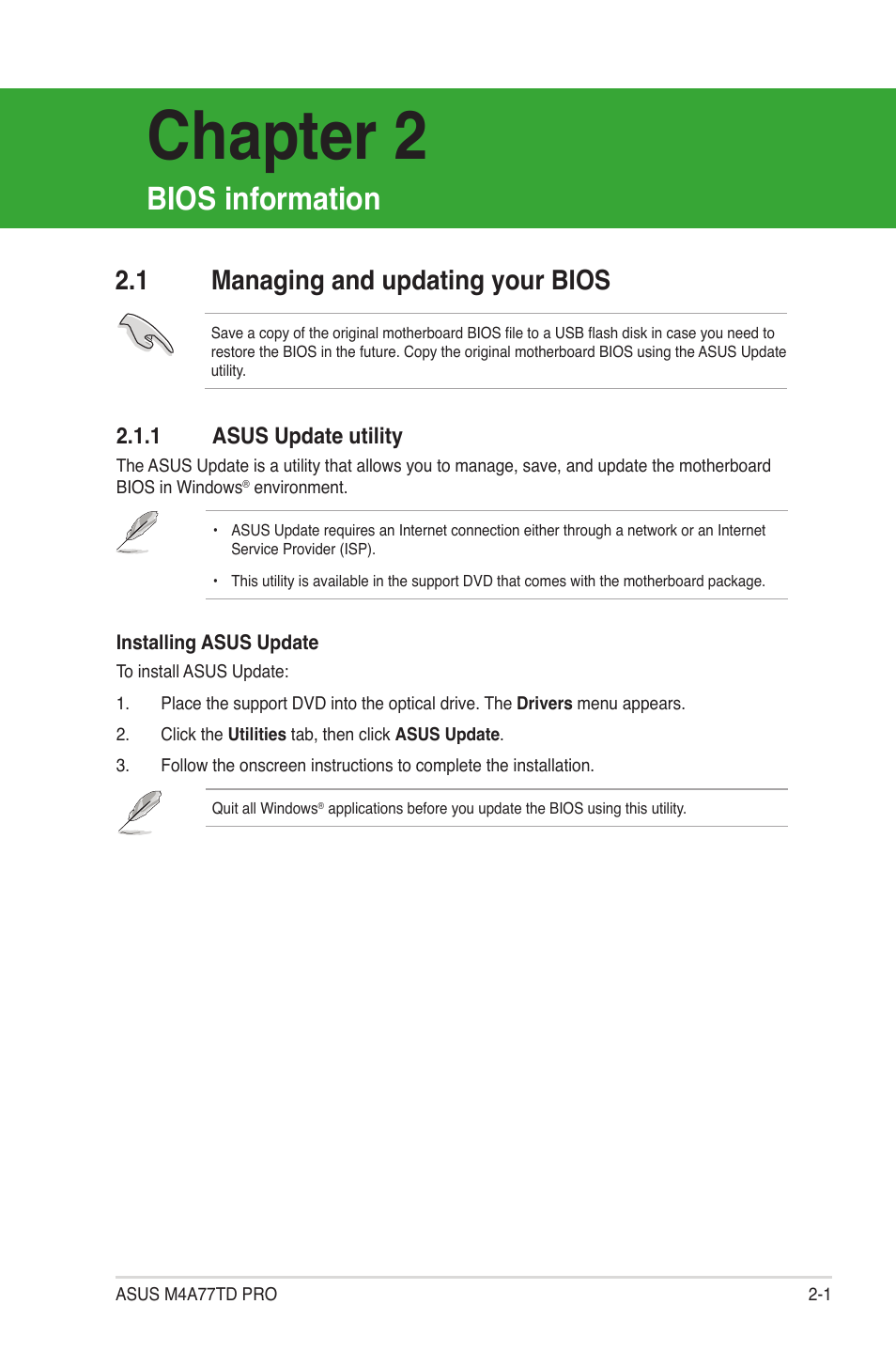 Chapter 2: bios information, 1 managing and updating your bios, 1 asus update utility | Bios information, Managing and updating your bios -1 2.1.1, Asus update utility -1, Chapter 2 | Asus M4A77TD PRO/U3S6 User Manual | Page 41 / 62