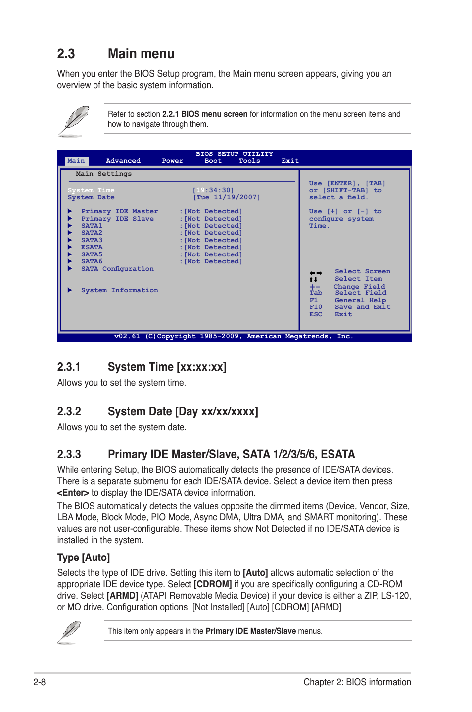 3 main menu, 1 system time, 2 system date | 3 primary ide master/slave, sata 1/2/3/5/6, esata, Main menu -8 2.3.1, System time -8, System date -8, Primary ide master/slave, sata 1/2/3/5/6, esata -8, 1 system time [xx:xx:xx, Type [auto | Asus M4A77TD PRO/U3S6 User Manual | Page 48 / 62