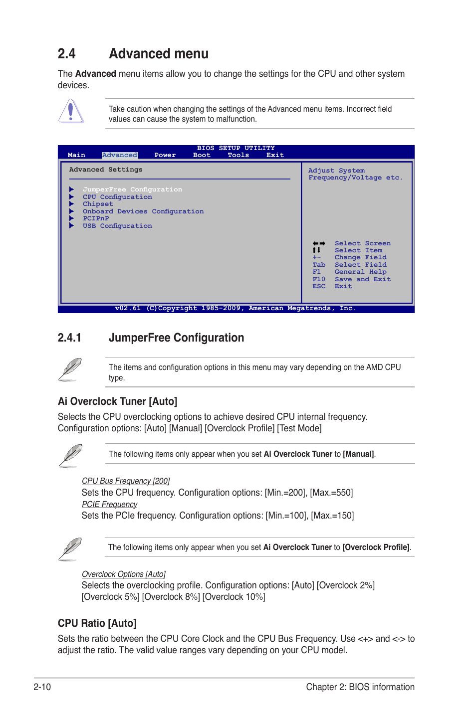 4 advanced menu, 1 jumperfree configuration, Advanced menu -10 2.4.1 | Jumperfree configuration -10, Cpu ratio [auto, Ai overclock tuner [auto | Asus M4A77TD PRO/U3S6 User Manual | Page 50 / 62