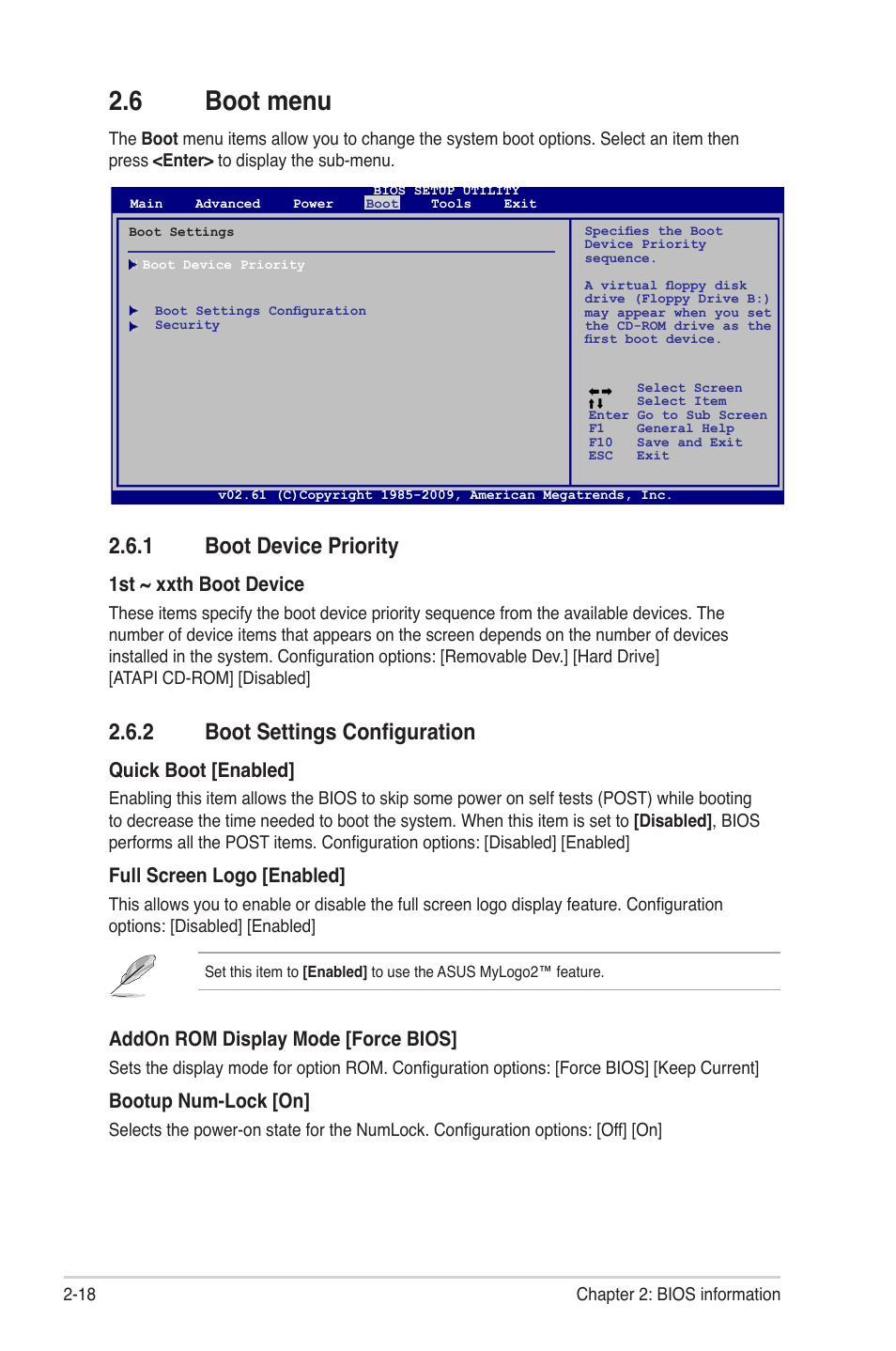 6 boot menu, 1 boot device priority, 2 boot settings configuration | Boot menu -18 2.6.1, Boot device priority -18, Boot settings configuration -18 | Asus M4A77TD PRO/U3S6 User Manual | Page 58 / 62