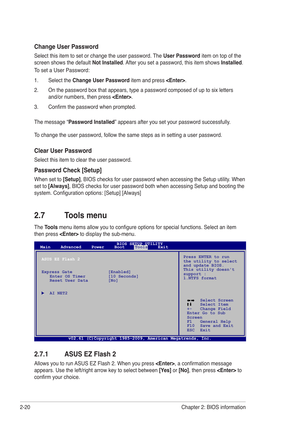 7 tools menu, 1 asus ez flash 2, Tools menu -20 2.7.1 | Asus ez flash 2 -20, Change user password, Clear user password, Password check [setup | Asus M4A77TD PRO/U3S6 User Manual | Page 60 / 62