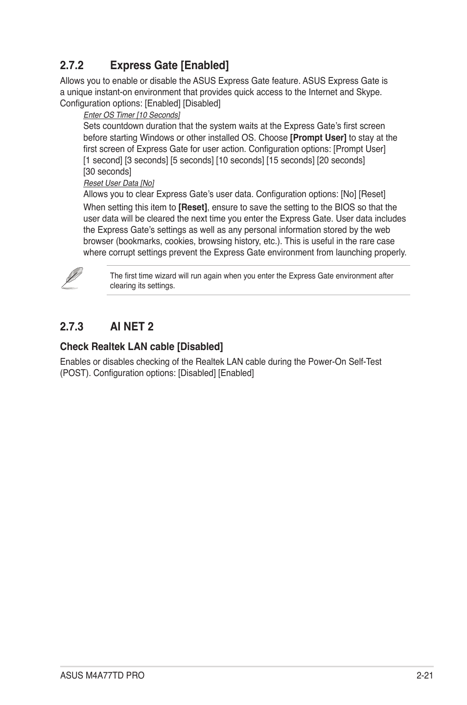 2 express gate, 3 ai net 2, Express gate -21 | Ai net 2 -21, 2 express gate [enabled | Asus M4A77TD PRO/U3S6 User Manual | Page 61 / 62