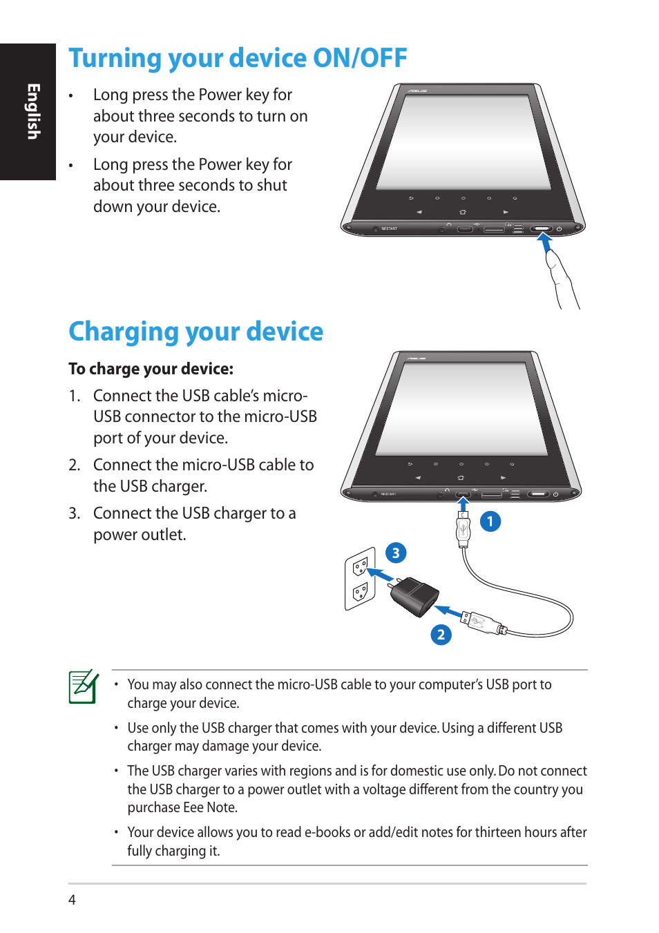 Turning your device on/off, Charging your device | Asus EA-800 User Manual | Page 4 / 9