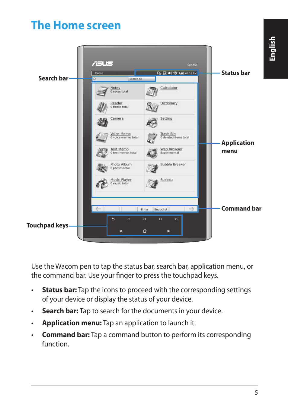 The home screen | Asus EA-800 User Manual | Page 5 / 9